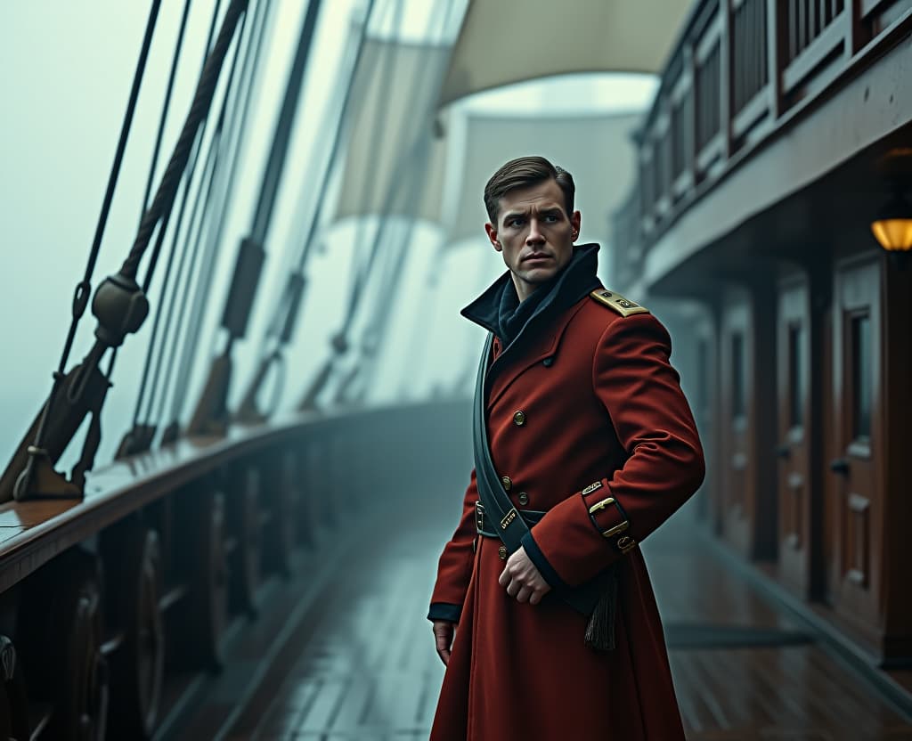  on the deck of the ship in the form of a matros actor sergei nasedkin hyperrealistic, full body, detailed clothing, highly detailed, cinematic lighting, stunningly beautiful, intricate, sharp focus, f/1. 8, 85mm, (centered image composition), (professionally color graded), ((bright soft diffused light)), volumetric fog, trending on instagram, trending on tumblr, HDR 4K, 8K