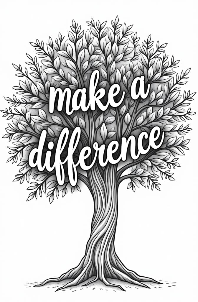  a coloring page with the words ''make a difference" in white with a black outline write. write the text in a tree with growing branchesand leaves on a white background. hyperrealistic, full body, detailed clothing, highly detailed, cinematic lighting, stunningly beautiful, intricate, sharp focus, f/1. 8, 85mm, (centered image composition), (professionally color graded), ((bright soft diffused light)), volumetric fog, trending on instagram, trending on tumblr, HDR 4K, 8K