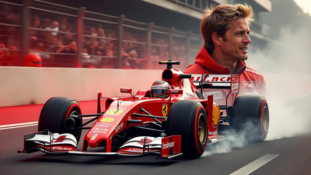  prompt: create a hyper realistic and detailed image capturing the formula 1 career of mick schumacher. the composition should showcase a dramatic narrative of his journey, from the steep rise in the ferrari driver academy to the bitter end in formula 1. include key elements such as mick schumacher in a ferrari car during test drives, his intense preparation at the academy, and a symbolic representation of his father, michael schumacher, in the background. incorporate ferrari and alfa romeo logos