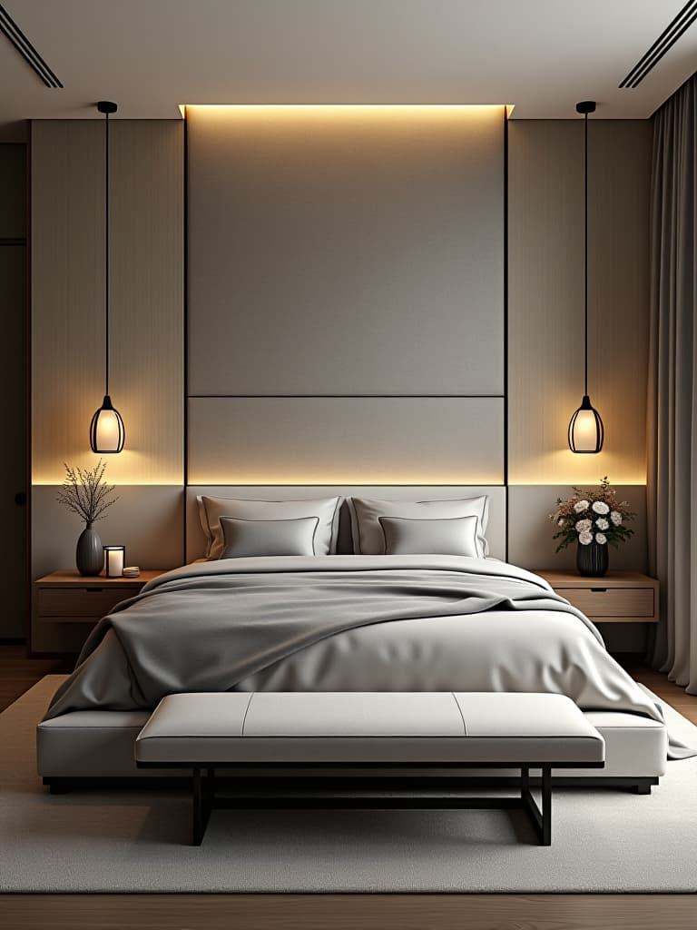  high quality portrait photo of a serene modern bedroom with a low profile bed, featuring a textured accent wall, minimalist pendant lights, and a sleek bench at the foot of the bed hyperrealistic, full body, detailed clothing, highly detailed, cinematic lighting, stunningly beautiful, intricate, sharp focus, f/1. 8, 85mm, (centered image composition), (professionally color graded), ((bright soft diffused light)), volumetric fog, trending on instagram, trending on tumblr, HDR 4K, 8K