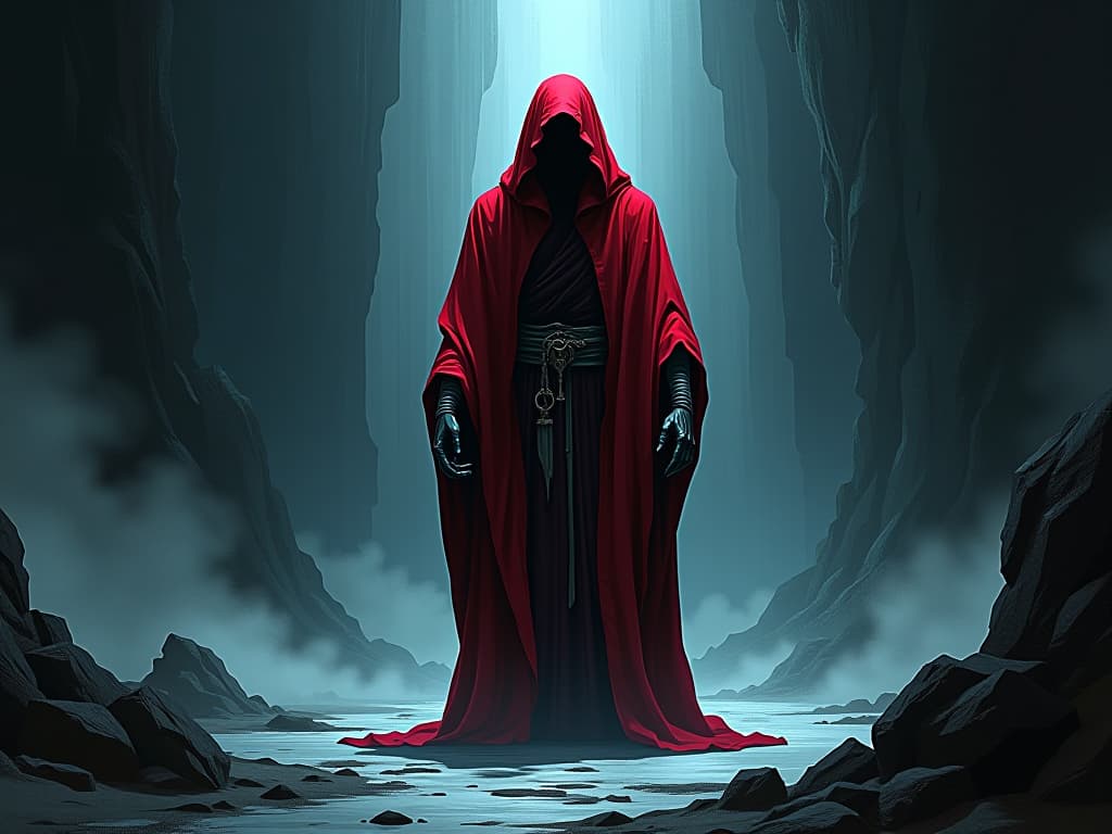  figure in red robes, frozen in place, eyes wide, surrounded by towering shadows, mood of paralysis. the style is digital art illustration / modern comic book / graphic dark novel fantasy and mysterious occult, symbolic, moody lighting, esoteric vibe,high detail on character design. for the color scheme emphasize blacks and reds.