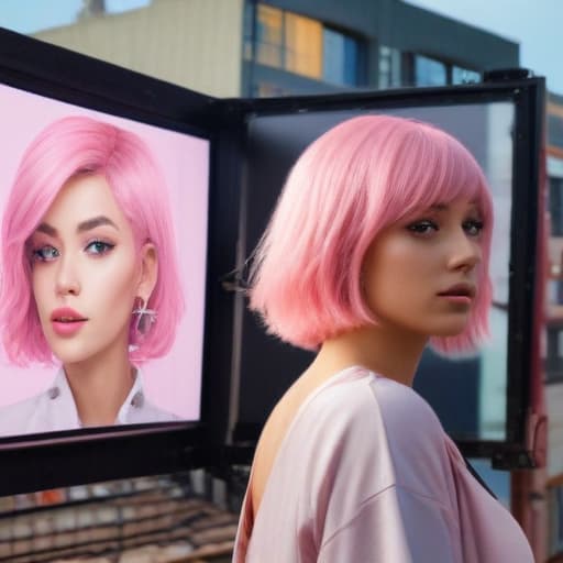 a lady with pink middle length hair stand on the rooftop looking at a picture of transgender lady that looks like her on the billboard