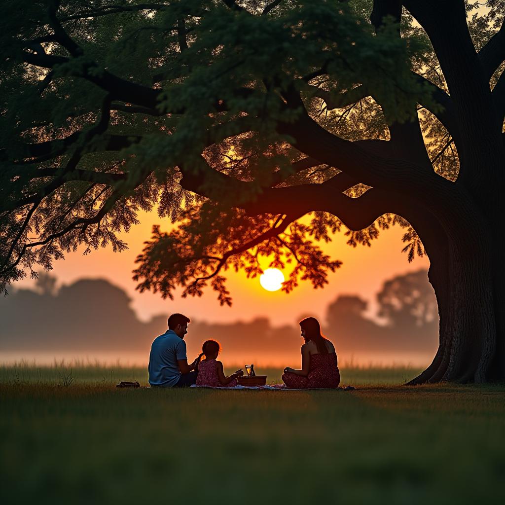  a family having a picnic under a large oak tree in a meadow at sunset. hyperrealistic, full body, detailed clothing, highly detailed, cinematic lighting, stunningly beautiful, intricate, sharp focus, f/1. 8, 85mm, (centered image composition), (professionally color graded), ((bright soft diffused light)), volumetric fog, trending on instagram, trending on tumblr, HDR 4K, 8K