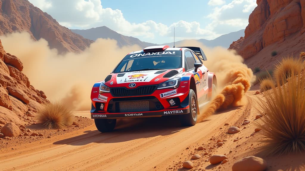  prompt: create an ultra realistic and detailed image showcasing the expanded 2025 wrc calendar with 14 events. include iconic logos like wrc, chile, kenya, japan, paraguay, and saudi arabia. depict diverse terrains like the spanish canary islands' asphalt rally and paraguay's challenging tracks. incorporate a vibrant, light filled composition capturing the excitement of new destinations and races, emphasizing global presence and diversity. ensure anatomical accuracy of rally cars and enthusiasti