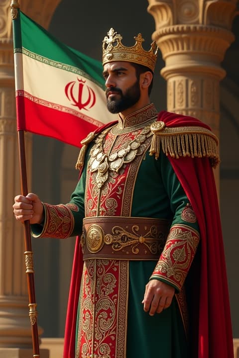  a majestic king dressed in ornate persian royal attire, standing proudly with a beautifully detailed flag of iran fluttering beside him. the background is a stunning landscape of ancient persian architecture, with intricate tile work and vibrant colors. the king's expression is noble and powerful, showcasing strength and leadership. rich textures in his clothing and the flag's design, with sunlight casting a warm glow over the scene, highlighting the cultural significance of the moment.