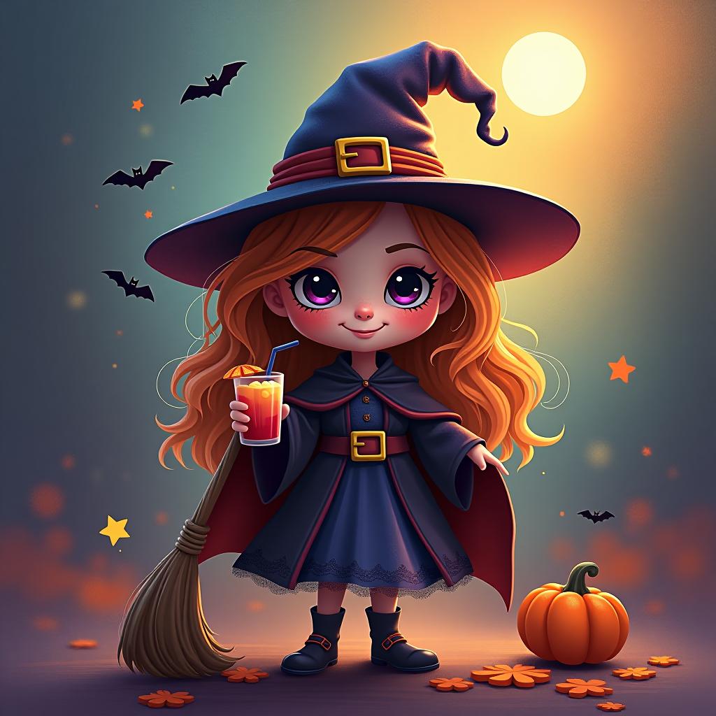  create a digital painting featuring a cute witch character. the witch should be wearing a hat. in one hand, the witch should hold a broomstick, and in the other hand, a halloween themed drink. the background should be colorful and include small black bats, pumpkins and stars to add a playful halloween touch. the overall style should be cute, whimsical, and colorful hyperrealistic, full body, detailed clothing, highly detailed, cinematic lighting, stunningly beautiful, intricate, sharp focus, f/1. 8, 85mm, (centered image composition), (professionally color graded), ((bright soft diffused light)), volumetric fog, trending on instagram, trending on tumblr, HDR 4K, 8K