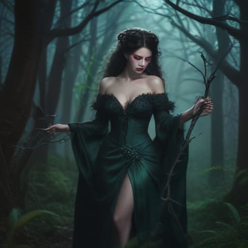 Enter the enchanting Lusted Forest, where shadows dance and whispers echo. In the heart of this mysterious realm stands the Naughty Whore, a seductive temptress cloaked in darkness. Her eyes gleam with mischief as she beckons you closer, luring you into her twisted game. The twisted branches of the forest curl around her like protective arms, and the air is thick with the scent of desire and danger. Will you succumb to her charm, or will you resist her wicked allure? The choice is yours in this shadowed realm of mystery and intrigue. fantastical creatures or characters inspired by mythology, folklore, or popular culture. use vibrant colors, sharp lines, intricate details, dynamic poses, dramatic lighting, atmospheric backgrounds, and blend 