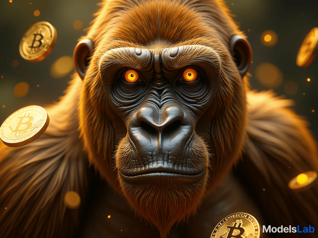  take a close up shot of a golden gorilla face, its eyes glowing with energy and its fur reflecting light, surrounded by floating gold bitcoin coins. use a fujifilm gfx 100s and a 110mm lens to emphasize the fine details and textures, portraying it as a mystical creature that embodies wealth, epic, success and good fortune, 8k high resolution ar 9:16 s 250 v 6.1 hyperrealistic, full body, detailed clothing, highly detailed, cinematic lighting, stunningly beautiful, intricate, sharp focus, f/1. 8, 85mm, (centered image composition), (professionally color graded), ((bright soft diffused light)), volumetric fog, trending on instagram, trending on tumblr, HDR 4K, 8K