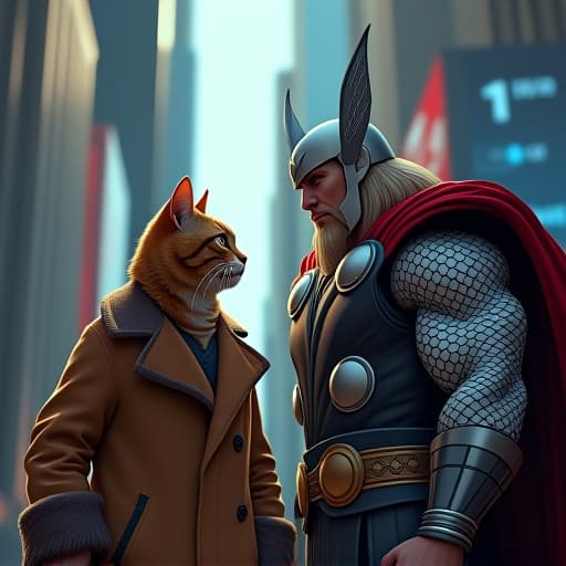  in a bustling financial district, hemule, the stylish tabby cat, stands alongside thor from marvel. hemule, with his rebellious charm, stares at trading charts projected around them, exuding an edgy vibe. thor, in vibrant comic book like detail, gazes intently at bullish and bearish indicators, embodying a mix of strength and wisdom. the scene captures a blend of financial intrigue and superhero allure. hyperrealistic, full body, detailed clothing, highly detailed, cinematic lighting, stunningly beautiful, intricate, sharp focus, f/1. 8, 85mm, (centered image composition), (professionally color graded), ((bright soft diffused light)), volumetric fog, trending on instagram, trending on tumblr, HDR 4K, 8K