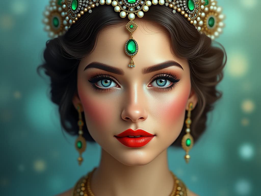  highly stylized and detailed portrait of a woman with fair skin, striking blue eyes, and full lips adorned with red lipstick. she is wearing an elaborate headdress and jewelry that includes a headpiece with green and white gemstones, large dangling earrings, and a matching necklace. the headdress is intricately designed with pearls and emerald like stones, complementing her traditional attire. the background is a soft, blurred mix of blue and green hues, creating a bokeh effect that highlights the subject's regal appearance. the overall composition is rich and vibrant, emphasizing the ornate and luxurious elements of her attire and accessories.