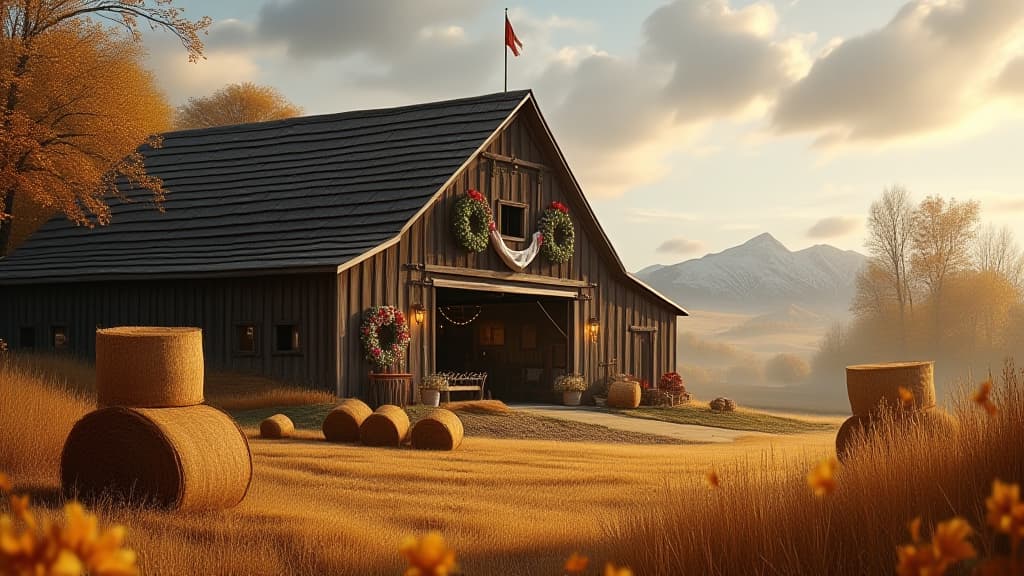  harvest festival scene with a barn, hay bales, and festive decorations, capturing the joy of the season, high quality, high details, hd, perfect composition, 4k epic detailed, highly detailed, sharp focus, high resolution