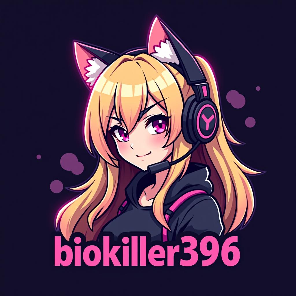  design a logo, blonde gamer girl with a cat ear headset with pink lights and smoke , with the text 'biokiller396'.