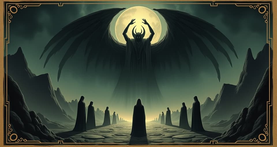  dark forces gathering, ominous and shadowy, contrasted by a faint emerging light, foreboding, intense. an illustration in the style of a worn, mystical old tarot trump card, mysterious and elements of surrealism. the colors are muted, somber and eerie, but with contrast bring out an occult and esoteric vibe.