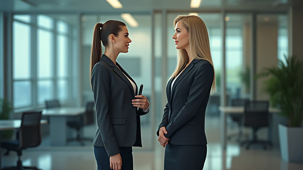  breathtaking full length two business ladies in micro skirts are talking in the office . award winning, professional, highly detailed