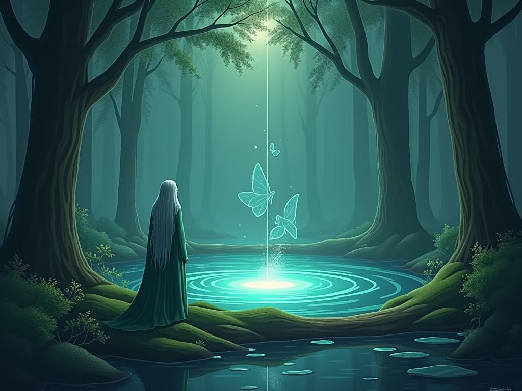  an ethereal sage gazing into a mystical, glowing pool of water in a serene forest clearing. the atmosphere is one of deep understanding and reflection.. the style is digital art illustration,highly detailed, whimsical,magical, dreamlike atmosphere, realism and fantasy blend, smooth, glossy textures,luminous quality, wonder and enchantment.