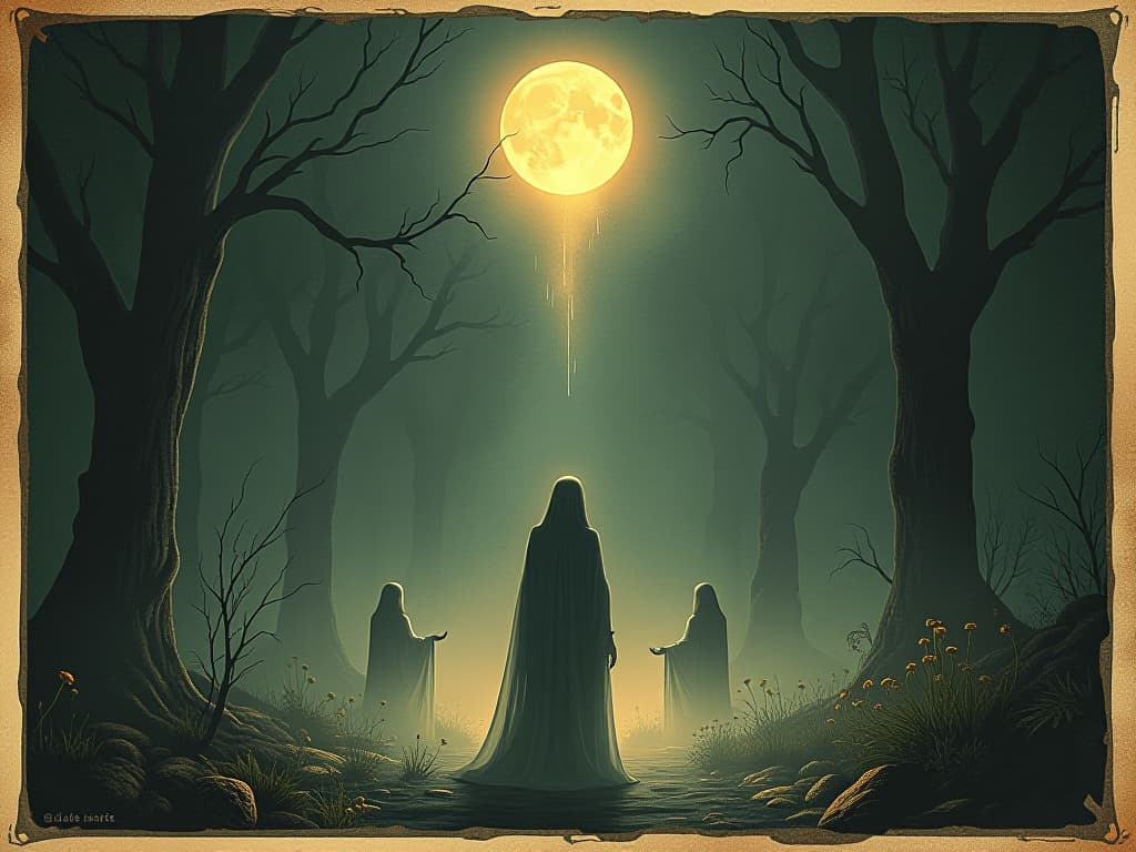  airy, ethereal atmosphere, faint glowing figures, soft luminescence, subtle presence, mystic, omnipresent, protective essence. an illustration in the style of a worn, mystical old tarot trump card, mysterious and elements of surrealism. the colors are muted, somber and eerie, but with contrast bring out an occult and esoteric vibe.