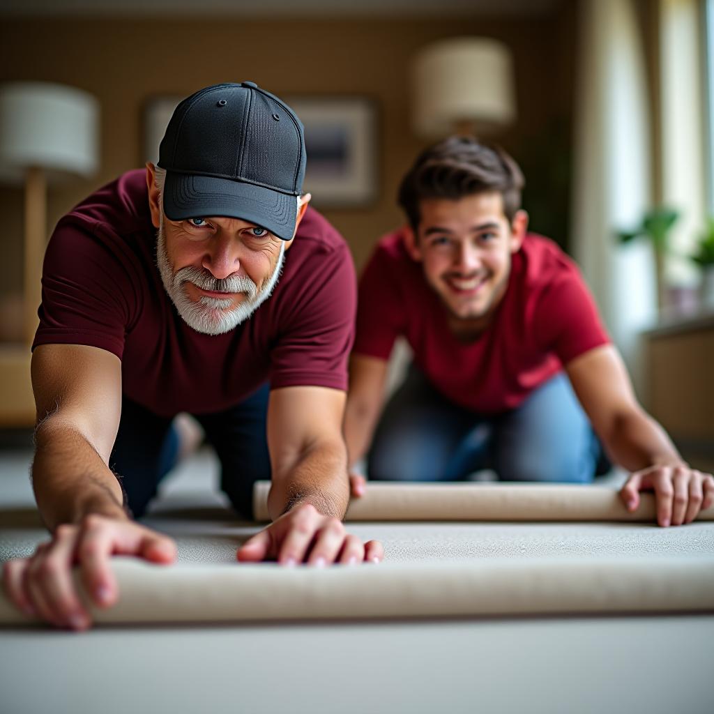  2 men a father and son unrolling carpet in a big house the father has a baseball cap on in his 50s with a beard with some grey in it and has blue eyes. the son has brown hair the age of 21 blue greenish eyes with a red shirt on, (logo), elegant, chic, stylish, sophisticated, high fashion, modern serif font, monochrome, simple, iconic