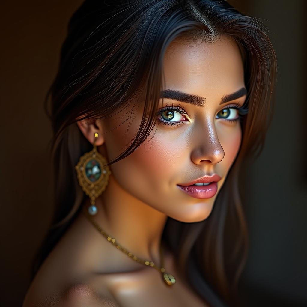  a brunette girl with jewelry on her neck and ears.