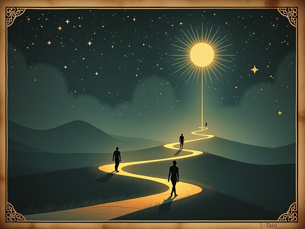  pathways of light crisscrossing a starry sky, shadowy figures walking along these paths, each one glowing faintly under cosmic light, synchronicity, divine alignment. an illustration in the style of a worn, mystical old tarot trump card, mysterious and elements of surrealism. the colors are muted, somber and eerie, but with contrast bring out an occult and esoteric vibe.