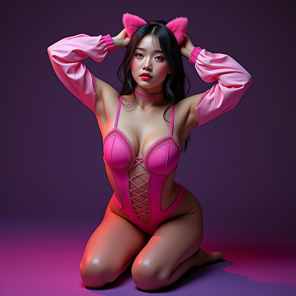  a photo realistic 40 asian cosplaying as a cat , kneeling with her hands behind her head and looking ly and her is vint and eye catching. her body captures her beauty and the lively colors of her clothing, making it an interesting and visually appealing piece of art. beautiful perfect eyes, perky big s, a korean goddess, geometric shapes, bold colors, dynamic composition,beautiful perfect eyes, perky s, a korean goddess . cyberpunk, vint, stunningly beautiful, crisp, detailed, sleek, ultramodern, magenta highlights, dark purple shadows, high contrast, cinematic, ultra detailed, intricate, professional, (masterpiece), (best quality), (ultra detailed), she is a cat , and her outfit is vint