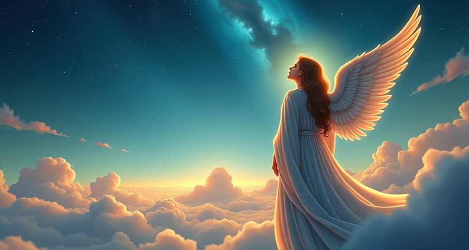  seraphic being in flowing robes, gazing into the horizon with deep contemplation, celestial backdrop with swirling stars, realization dawning. the style is digital art illustration,highly detailed, whimsical,magical, dreamlike atmosphere, realism and fantasy blend, smooth, glossy textures,luminous quality, wonder and enchantment.