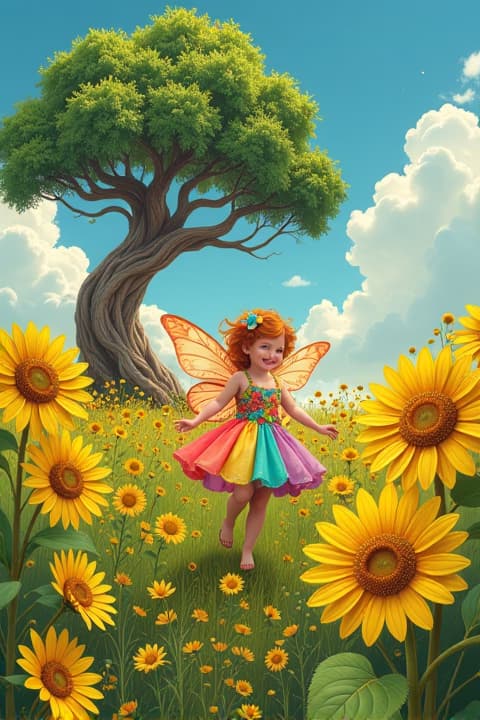  a whimsical plus size fairy, adorned with colorful floral attire, gracefully flits among towering sunflowers in a vibrant field. fluffy white clouds drift lazily across a bright blue sky, casting soft shadows over the golden petals. an ancient tree with a wise, friendly face stands at the edge of the field, its twisted branches reaching out as if to welcome the fairy, surrounded by a magical aura.