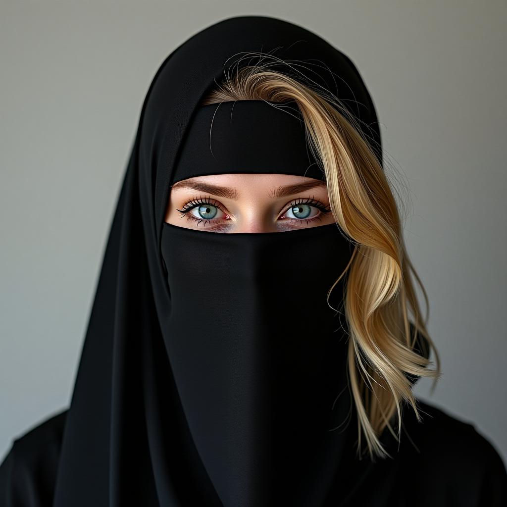  make an image of a blonde woman who is wearing a black niqab only showing her eyes