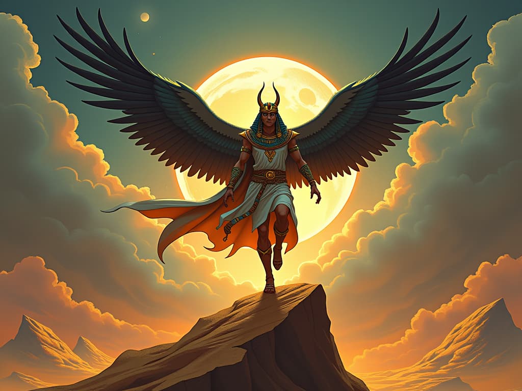  horus soaring above a stormy desert, symbolizing the power to rise above chaos. the style is digital art illustration / modern comic book / mysterious occult, symbolic, esoteric vibe,high detail on character design, incorporating ancient egyptian symbology and attire.