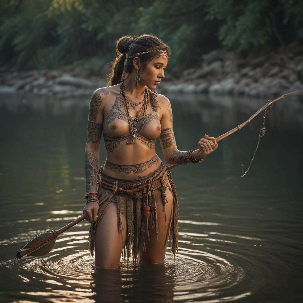 ((masterpiece)),(((best quality))), 8k, high detailed, ultra detailed, sexy tribe woman fishing, tribe woman, fishing, (rippling river), (traditional fishing techniques), (elaborate tribal tattoos), (dramatic lighting) hyperrealistic, full body, detailed clothing, highly detailed, cinematic lighting, stunningly beautiful, intricate, sharp focus, f/1. 8, 85mm, (centered image composition), (professionally color graded), ((bright soft diffused light)), volumetric fog, trending on instagram, trending on tumblr, HDR 4K, 8K