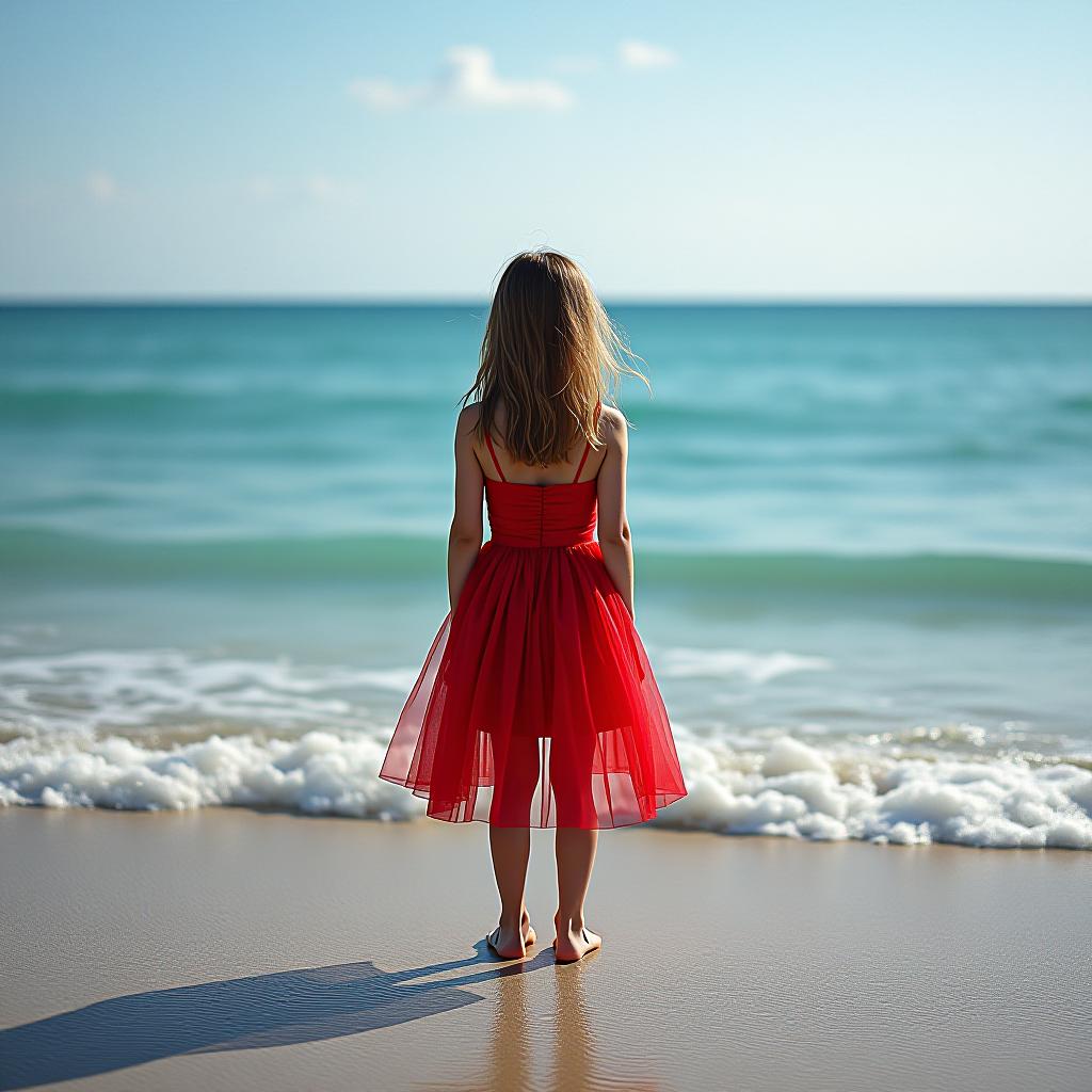  a girl at the sea in a red dress stands with her back to the camera.