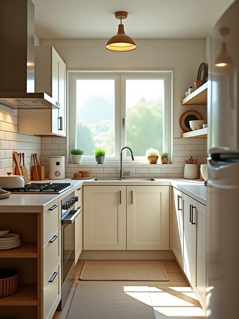  high quality portrait photo of a bright, airy small kitchen with budget friendly appliances and storage solutions, featuring a compact island and open shelving, shot from a high angle hyperrealistic, full body, detailed clothing, highly detailed, cinematic lighting, stunningly beautiful, intricate, sharp focus, f/1. 8, 85mm, (centered image composition), (professionally color graded), ((bright soft diffused light)), volumetric fog, trending on instagram, trending on tumblr, HDR 4K, 8K