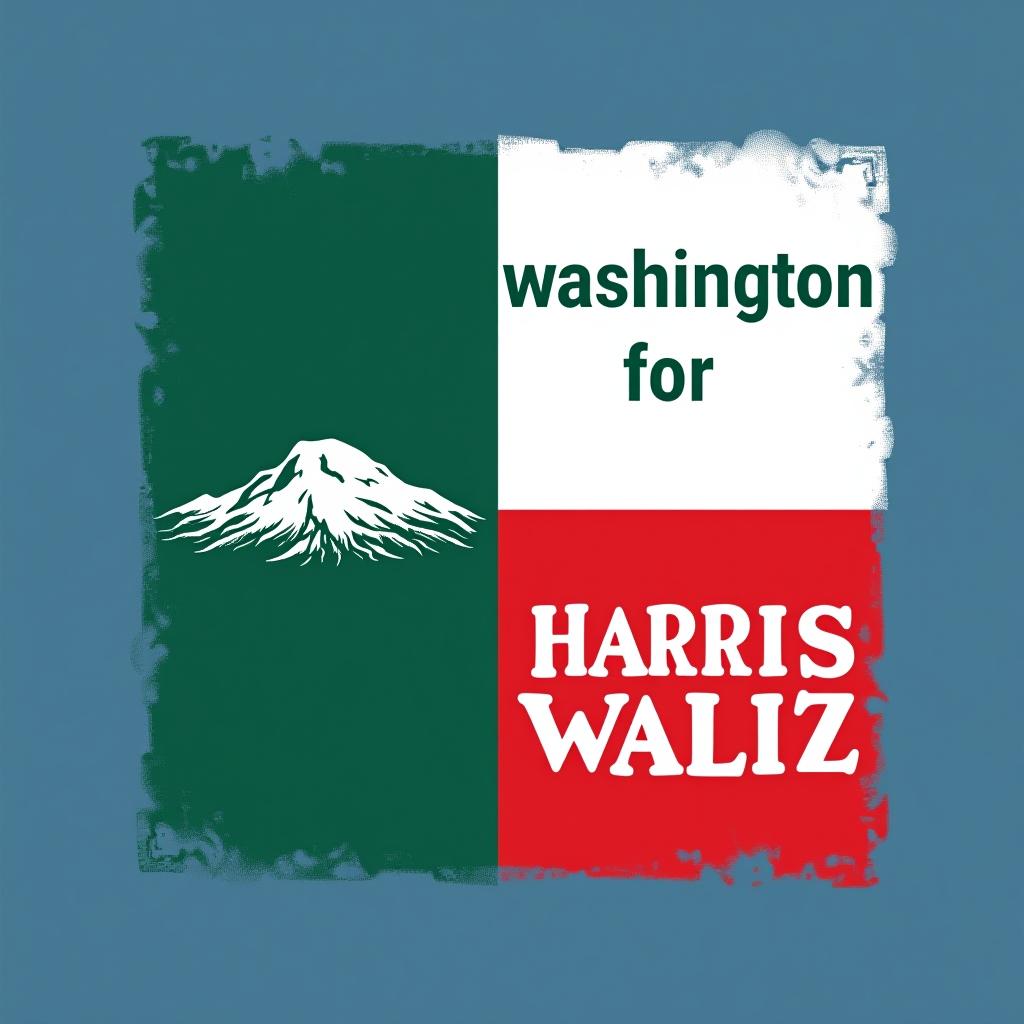  a tshirt design inspired by the washington state flag. the left side features a green vertical stripe with a large mountain in the center. the right side is divided into two horizontal sections: the top section is white with the text 'washington for' in bold, green, uppercase letters, and the bottom section is red with the text 'harris walz' in bold, white, uppercase letters. the overall layout is clean and straightforward, with a clear and patriotic color scheme of blue, white, and red.