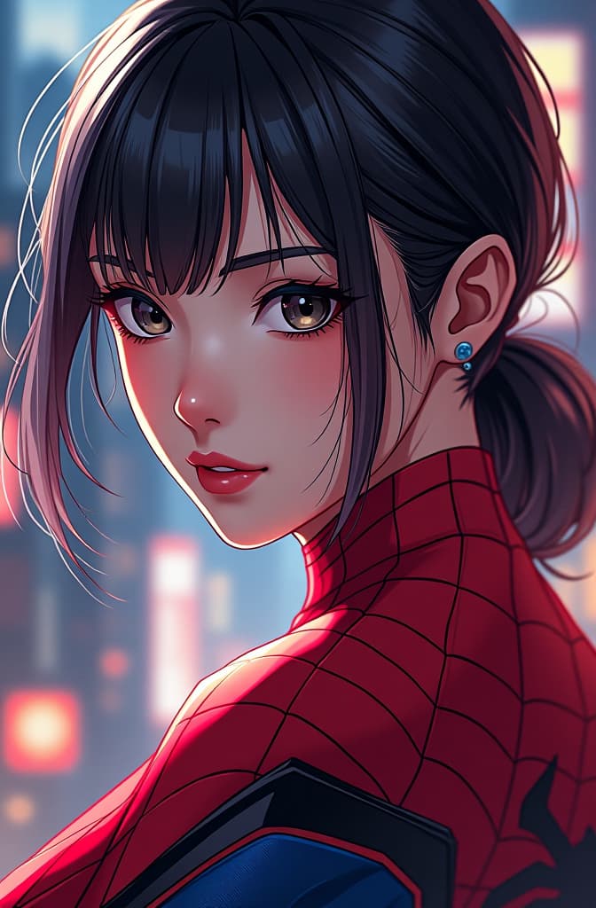  anime girl, spiderman, marvel comic panel, comic panel, manga and manhwa style panel, portrait, young person face, spiderverse style, style for marvel comic, anime comic panel style hyperrealistic, full body, detailed clothing, highly detailed, cinematic lighting, stunningly beautiful, intricate, sharp focus, f/1. 8, 85mm, (centered image composition), (professionally color graded), ((bright soft diffused light)), volumetric fog, trending on instagram, trending on tumblr, HDR 4K, 8K