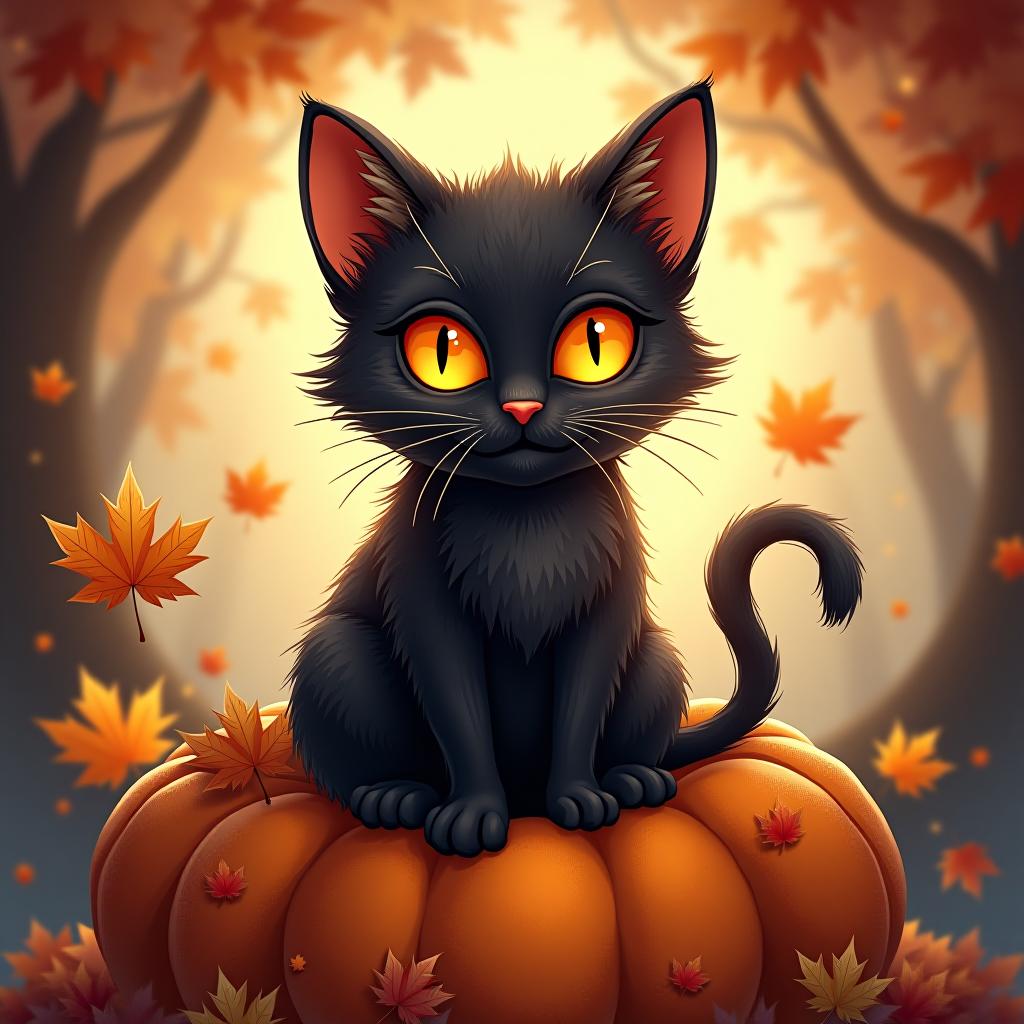  a cute black cat with glowing eyes sitting on a pumpkin, surrounded by swirling autumn leaves in a whimsical style, with warm, moody lighting. t shirt design, vector, contour, white background, no mockup hyperrealistic, full body, detailed clothing, highly detailed, cinematic lighting, stunningly beautiful, intricate, sharp focus, f/1. 8, 85mm, (centered image composition), (professionally color graded), ((bright soft diffused light)), volumetric fog, trending on instagram, trending on tumblr, HDR 4K, 8K