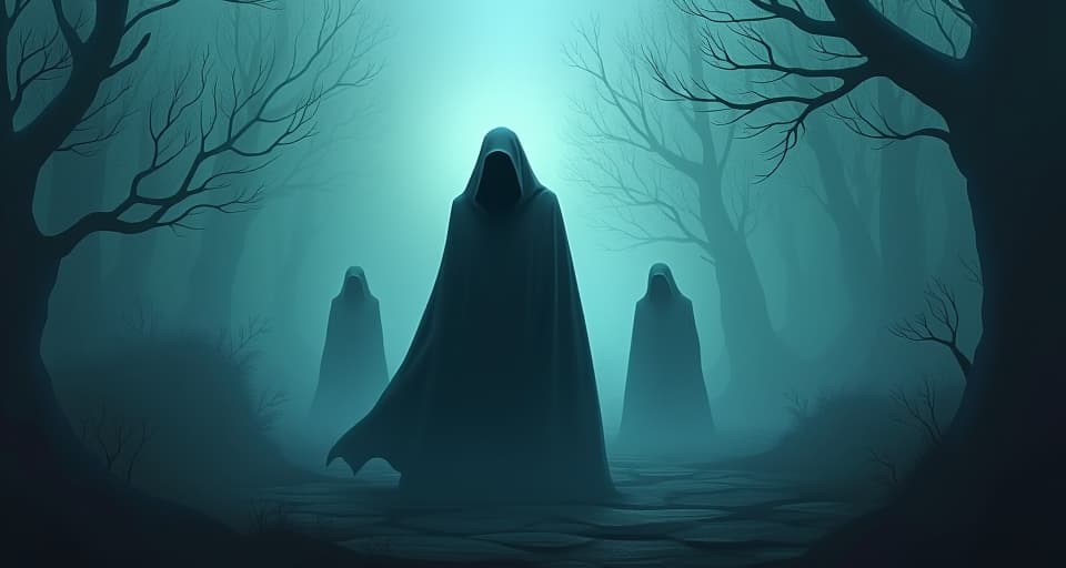  shadowy figures looking paranoid, ethereal landscape altering around them, air of suspicion and mystical influence. the style is digital art illustration,highly detailed, whimsical,magical, dreamlike atmosphere, realism and fantasy blend, smooth, glossy textures,luminous quality, wonder and enchantment.