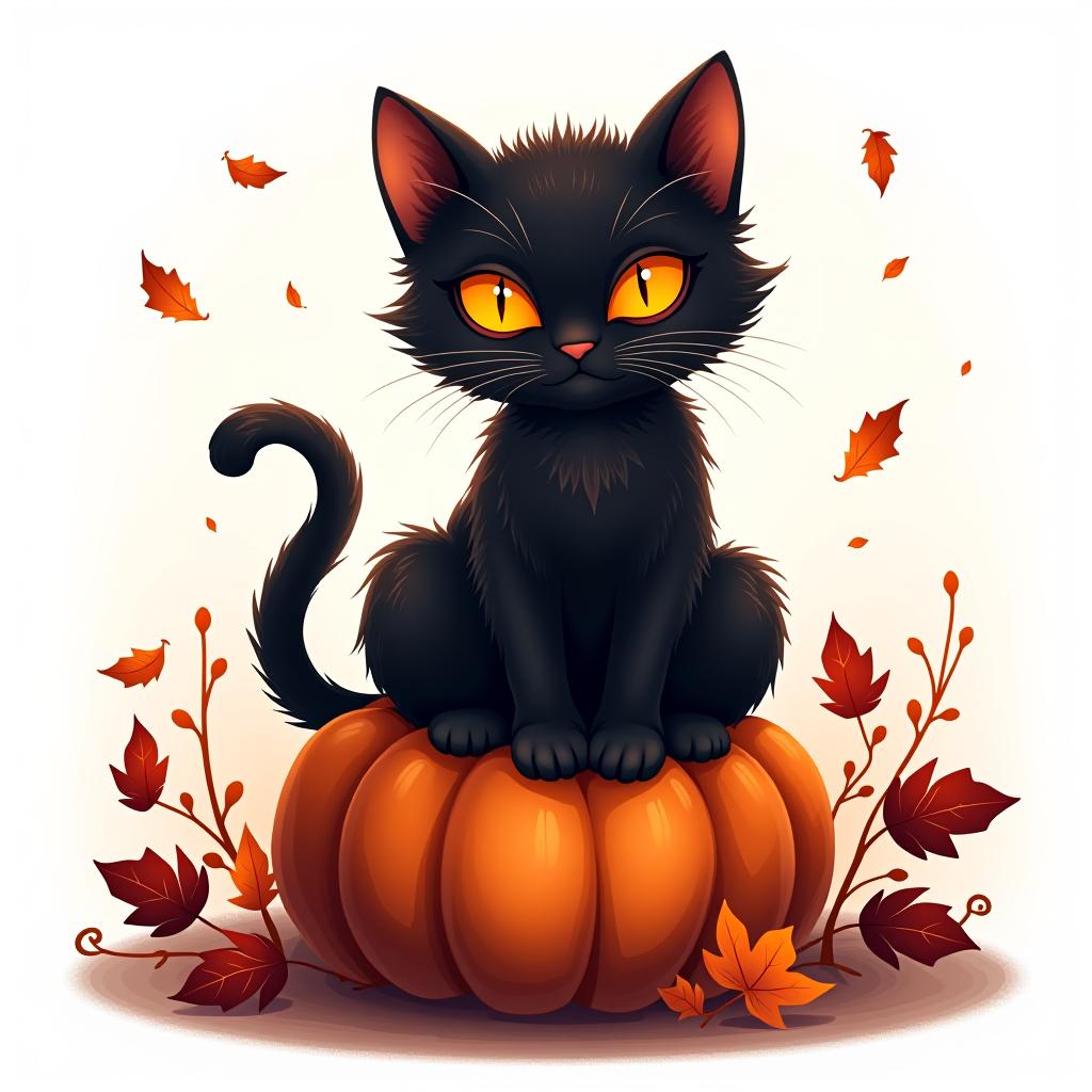  a cute black cat with glowing eyes sitting on a pumpkin, surrounded by swirling autumn leaves in a whimsical style, with warm, moody lighting. t shirt design, vector, contour, white background, no mockup hyperrealistic, full body, detailed clothing, highly detailed, cinematic lighting, stunningly beautiful, intricate, sharp focus, f/1. 8, 85mm, (centered image composition), (professionally color graded), ((bright soft diffused light)), volumetric fog, trending on instagram, trending on tumblr, HDR 4K, 8K