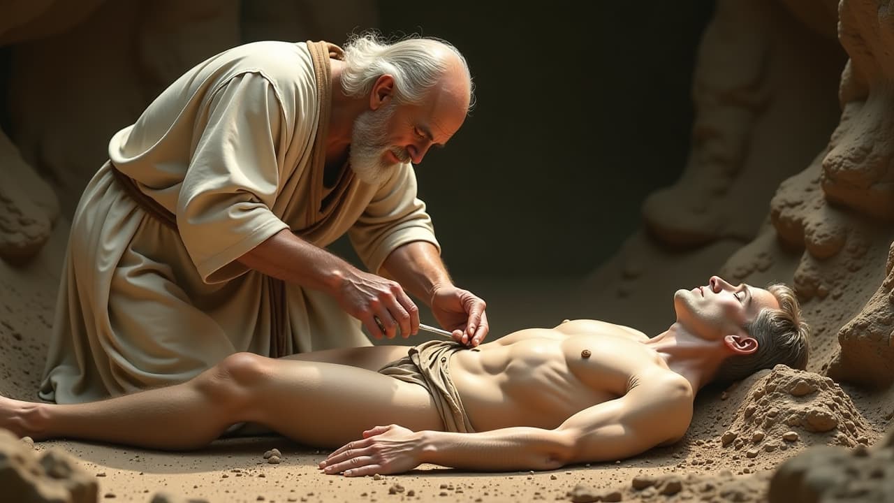  a realistic scene of a strong, elderly man with vigor, dressed in celestial robes, representing god. he is bent over, carefully sculpting adam from the clay of the garden. adam, a strong and handsome adult, is lying on the ground, still made of clay, not yet fully formed. his body, though lifelike, remains entirely sculpted from the earth., high quality, high details, hd, perfect composition, 4k epic detailed, highly detailed, sharp focus, high resolution