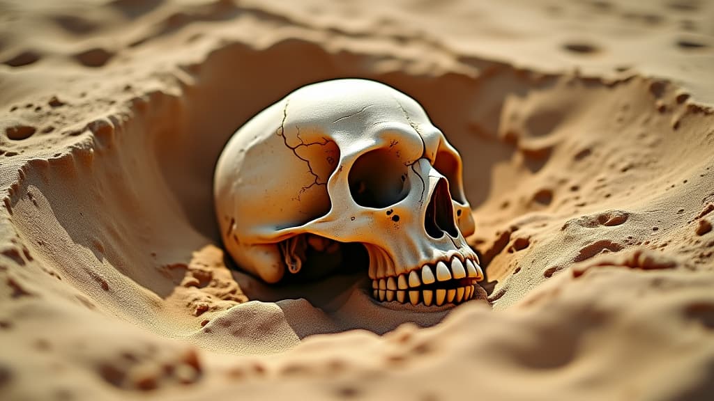  fossilised skull in ancient dunes: archaeological desert, unearthed skull, textures of time, historical perspective, earthy tones