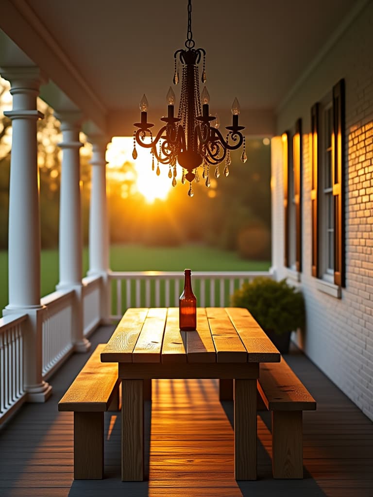  high quality portrait photo of an elegant porch with a statement chandelier hanging over a rustic wooden table, set against a backdrop of white painted brick, captured during golden hour hyperrealistic, full body, detailed clothing, highly detailed, cinematic lighting, stunningly beautiful, intricate, sharp focus, f/1. 8, 85mm, (centered image composition), (professionally color graded), ((bright soft diffused light)), volumetric fog, trending on instagram, trending on tumblr, HDR 4K, 8K