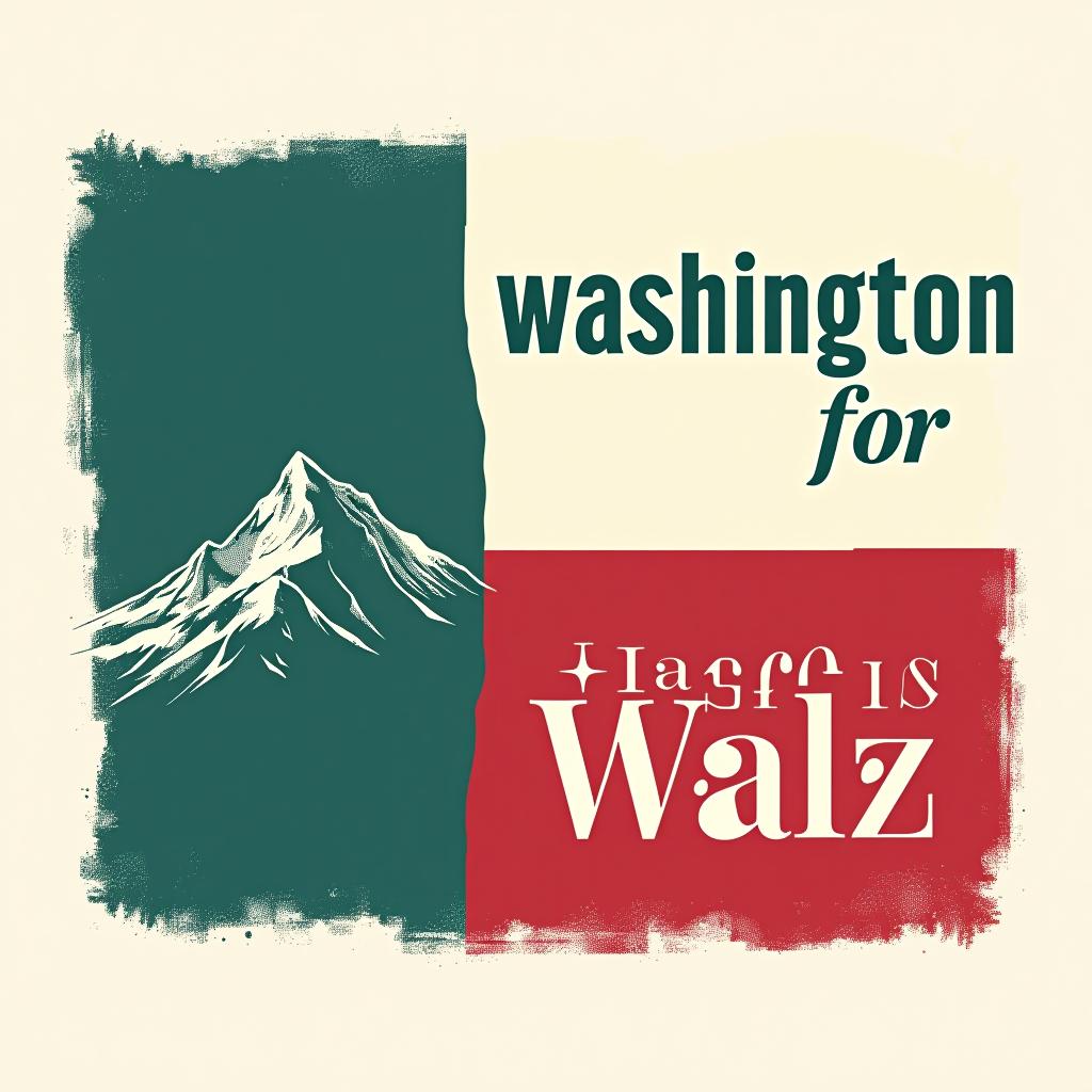  a tshirt design inspired by the washington state flag. the left side features a green vertical stripe with a large mountain in the center. the right side is divided into two horizontal sections: the top section is white with the text 'washington for' in bold, green, uppercase letters, and the bottom section is red with the text 'harris walz' in bold, white, uppercase letters. the overall layout is clean and straightforward, with a clear and patriotic color scheme of blue, white, and red.