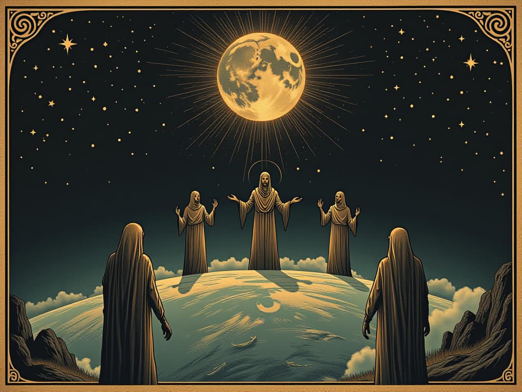  celestial council overlooking earth, stars twinkling in boundless black sky, ethereal, protective. an illustration in the style of a worn, mystical old tarot trump card, mysterious and elements of surrealism. the colors are muted, somber and eerie, but with contrast bring out an occult and esoteric vibe.