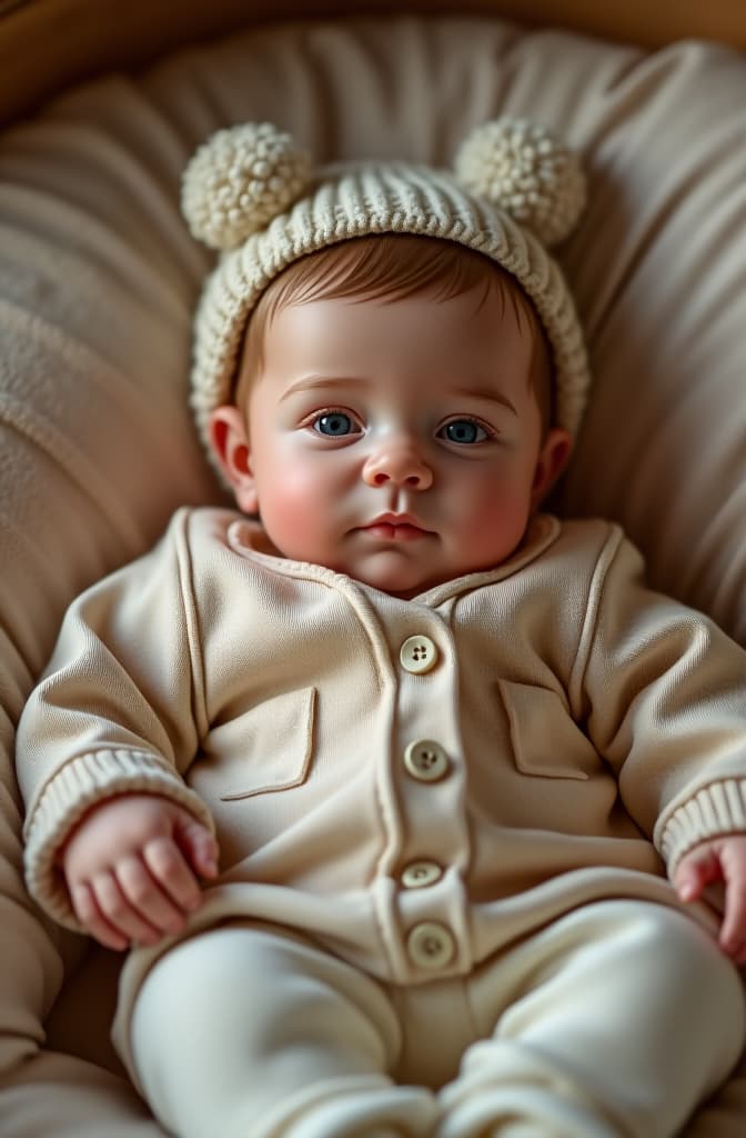  fotografía de un bebé sonriente vestido con una prenda de bambino mio. el bebé está en un entorno hogareño, cómodo y elegante, rodeado de juguetes de madera y textiles naturales que complementan el color y diseño de la ropa., realistic, portrait, art by donato giancola and greg rutkowski, realistic face, digital art, trending on artstation hyperrealistic, full body, detailed clothing, highly detailed, cinematic lighting, stunningly beautiful, intricate, sharp focus, f/1. 8, 85mm, (centered image composition), (professionally color graded), ((bright soft diffused light)), volumetric fog, trending on instagram, trending on tumblr, HDR 4K, 8K