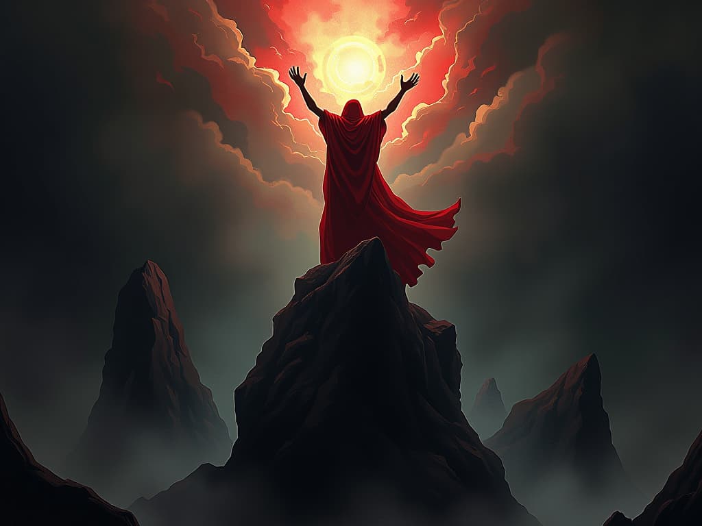  figure in red clothing, lifting partner from dark abyss, ethereal light above, feeling of sacrifice and rescue. the style is digital art illustration / modern comic book / graphic dark novel fantasy and mysterious occult, symbolic, moody lighting, esoteric vibe,high detail on character design. for the color scheme emphasize blacks and reds.