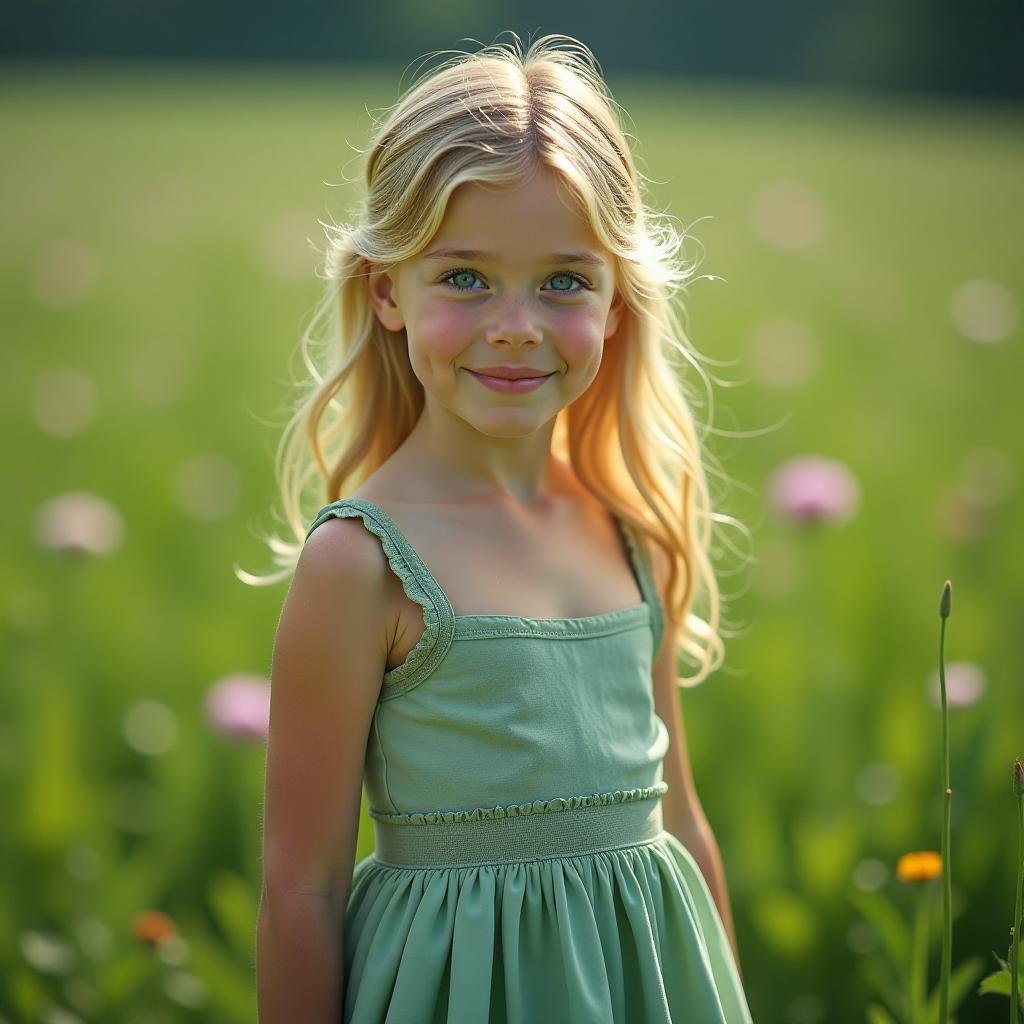  a blonde girl with blue eyes in a long, fitted dress, set against a backdrop of a green meadow with wildflowers. hyperrealistic, full body, detailed clothing, highly detailed, cinematic lighting, stunningly beautiful, intricate, sharp focus, f/1. 8, 85mm, (centered image composition), (professionally color graded), ((bright soft diffused light)), volumetric fog, trending on instagram, trending on tumblr, HDR 4K, 8K