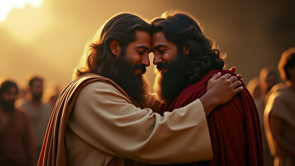  history of biblical times, abraham and isaac embracing, tears of relief and joy streaming down their faces. hyperrealistic, full body, detailed clothing, highly detailed, cinematic lighting, stunningly beautiful, intricate, sharp focus, f/1. 8, 85mm, (centered image composition), (professionally color graded), ((bright soft diffused light)), volumetric fog, trending on instagram, trending on tumblr, HDR 4K, 8K