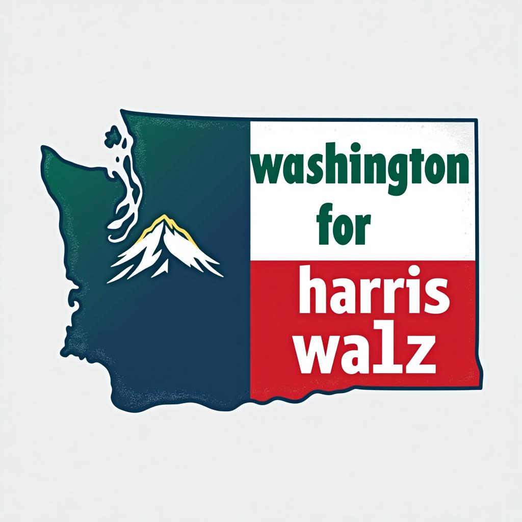  a tshirt design inspired by the washington state flag. the left side features a green vertical stripe with a large mountain in the center. the right side is divided into two horizontal sections: the top section is white with the text 'washington for' in bold, green, uppercase letters, and the bottom section is red with the text 'harris walz' in bold, white, uppercase letters. the overall layout is clean and straightforward, with a clear and patriotic color scheme of blue, white, and red.