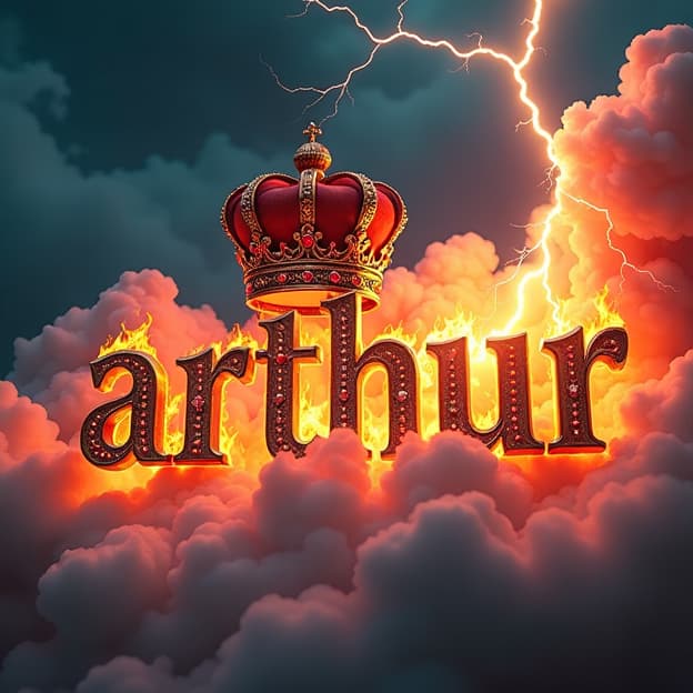  a highly detailed 3d metallic text displaying the name 'arthur', surrounded by dynamic fire and crackling lightning. the scene includes richly textured clouds and swirling smoke, enhancing the dramatic atmosphere. atop the metallic text, a regal crown sits prominently, adorned with jewels and intricate designs, reflecting the fiery glow and electric energy of the environment.