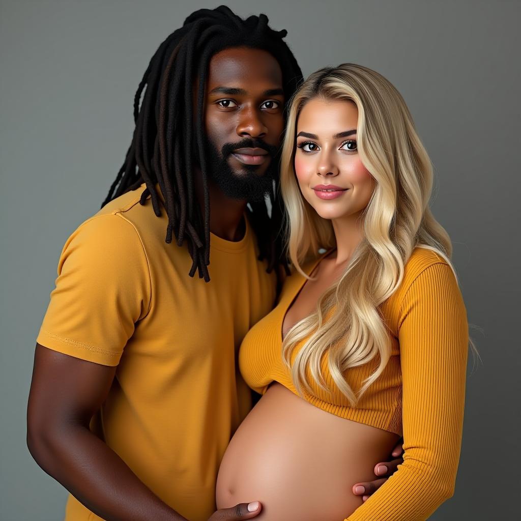  make an image of a blonde haired woman that is pregnant with fair skin and dark brown eyes with the dad who is light skinned with long dreads