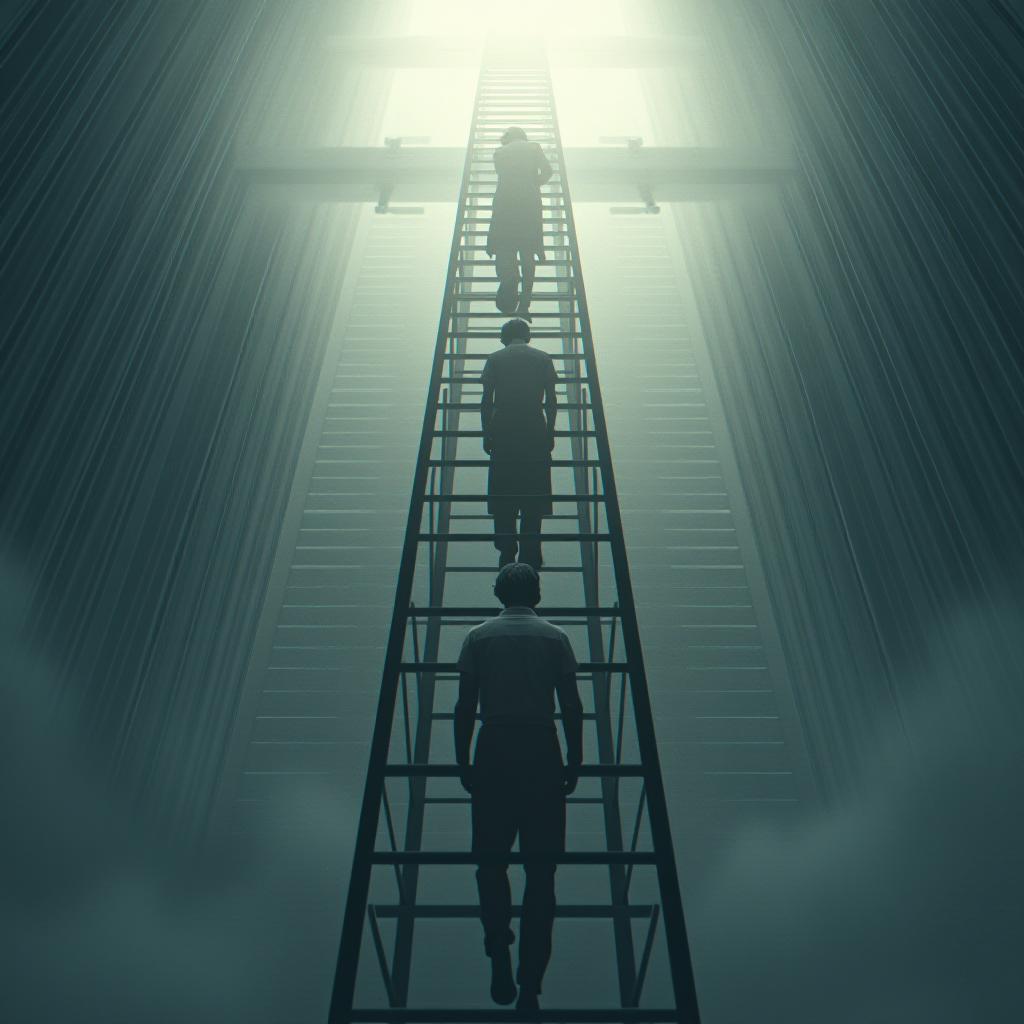  an unusual ladder for career growth in mlm. people climb up this ladder. anime style. hyperrealistic, full body, detailed clothing, highly detailed, cinematic lighting, stunningly beautiful, intricate, sharp focus, f/1. 8, 85mm, (centered image composition), (professionally color graded), ((bright soft diffused light)), volumetric fog, trending on instagram, trending on tumblr, HDR 4K, 8K