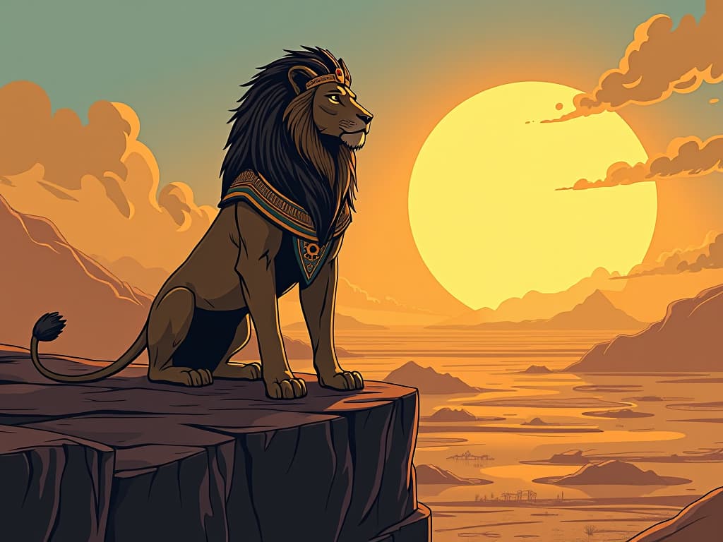  a majestic lion, standing proudly on a cliff, overlooking a vast desert, symbolizing grace and insight in handling life's complexities. the style is digital art illustration / modern comic book / mysterious occult, symbolic, esoteric vibe,high detail on character design, incorporating ancient egyptian symbology and attire.